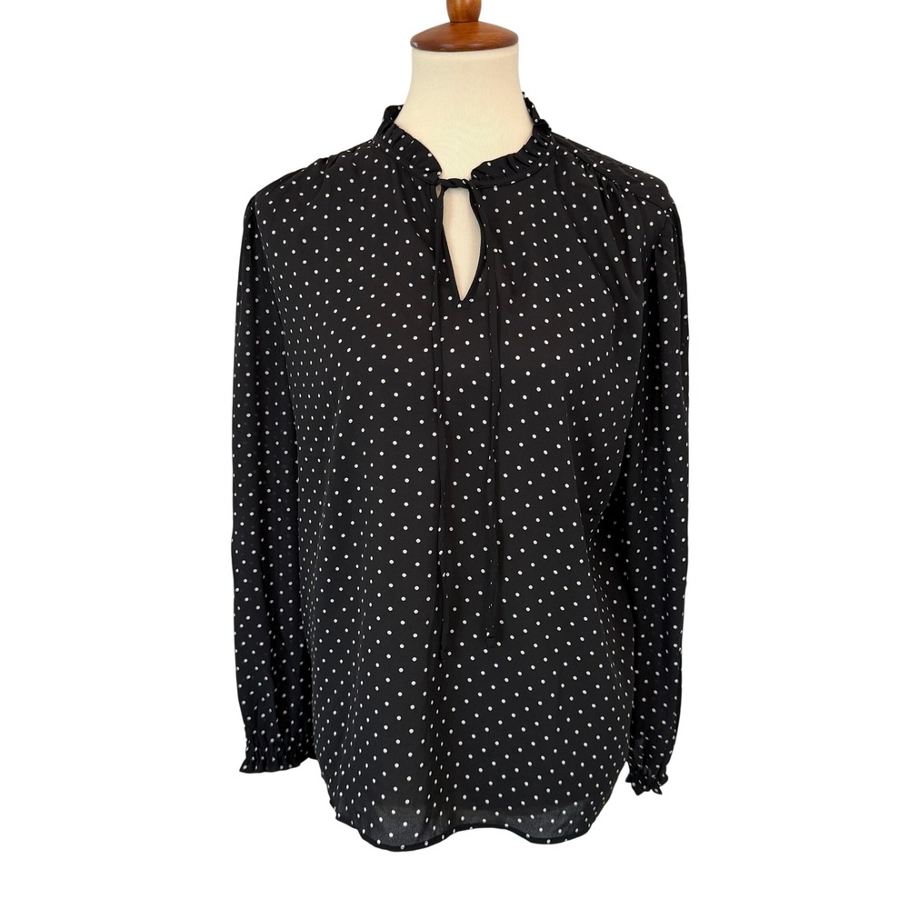Black White Polka‎ Dot Ruffle Tie Neck Blouse Smocked Cuff Top Sz LP